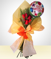 Bouquets - Detalle de Cumpleaos: Bouquet 6 Rosas con Globo Feliz Cumpleaos