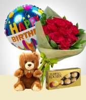 Felicitaciones - Combo de Cumpleaos: Bouquet 12 Rosas, Oso, Chocolates, Globo Feliz Cumpleaos