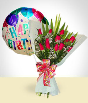 Flores a  Combo de Cumpleaos: Bouquet de 12 Rosas + Globo Feliz Cumpleaos