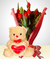 Bouquets - Combo Romance: Bouquet de 6 rosas +Peluche