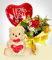 Ms Regalos - Combo Ternura: Bouquet de 6 rosas + Globo +Peluche