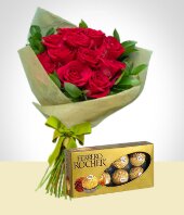 San Valentn - Combo Tradicin: 12 Rosas + Chocolates Ferrero Rocher