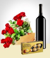 Amor y Romance - Combo Elegancia: Bouquet de 12 Rosas + Vino + Chocolates