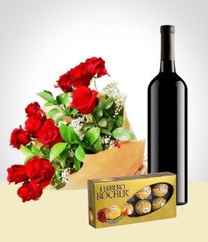 Flores a  Combo Elegancia: Bouquet de 12 Rosas + Vino + Chocolates