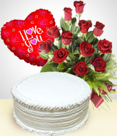 Pasteles - Combo Selecto: Bouquet de 12 Rosas + Pastel + Globo