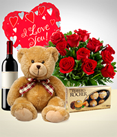 Amor y Romance - Combo Amor Total: 12 Rosas + Peluche + Globo + Chocolates + Vino