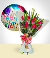 Globos - Combo de Cumpleaños: Bouquet de 12 Rosas + Globo Feliz Cumpleaños