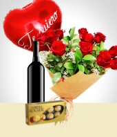 Bouquets - Combo Inspiración: Bouquet de 12 Rosas + Globo + Vino + Chocolates