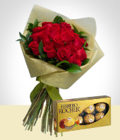 San Valentn - Deseos de Amor: Bouquet de 24 Rosas y Caja de Chocolates